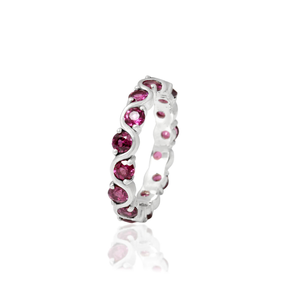 Natural Rhodolite Birthstone Eternity Sterling Silver Band Ring