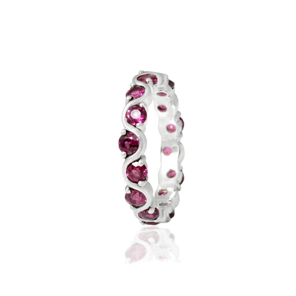Natural Rhodolite Birthstone Eternity Sterling Silver Band Ring
