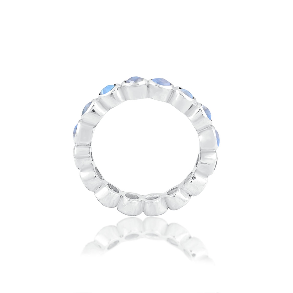 Natural Rainbow Moonstone Eternity Sterling Silver Band Ring