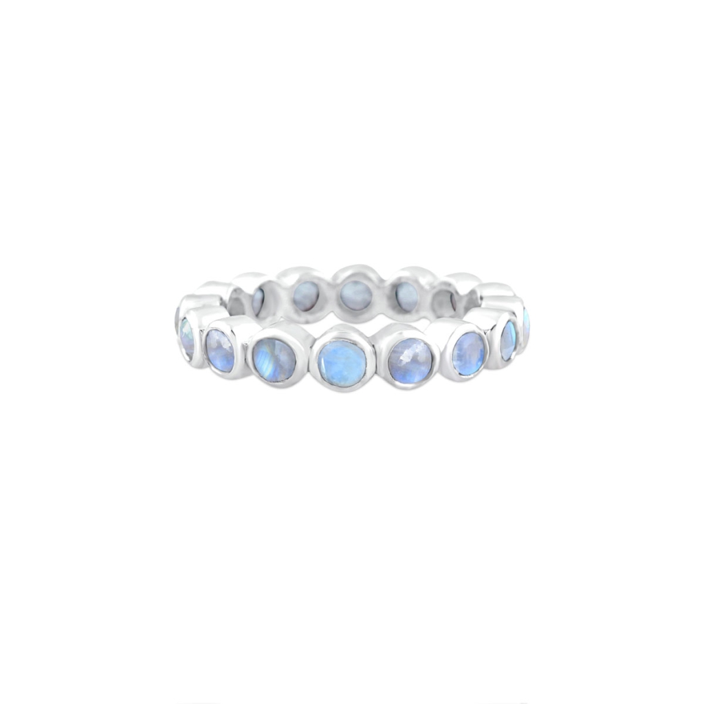 Natural Rainbow Moonstone Eternity Sterling Silver Band Ring