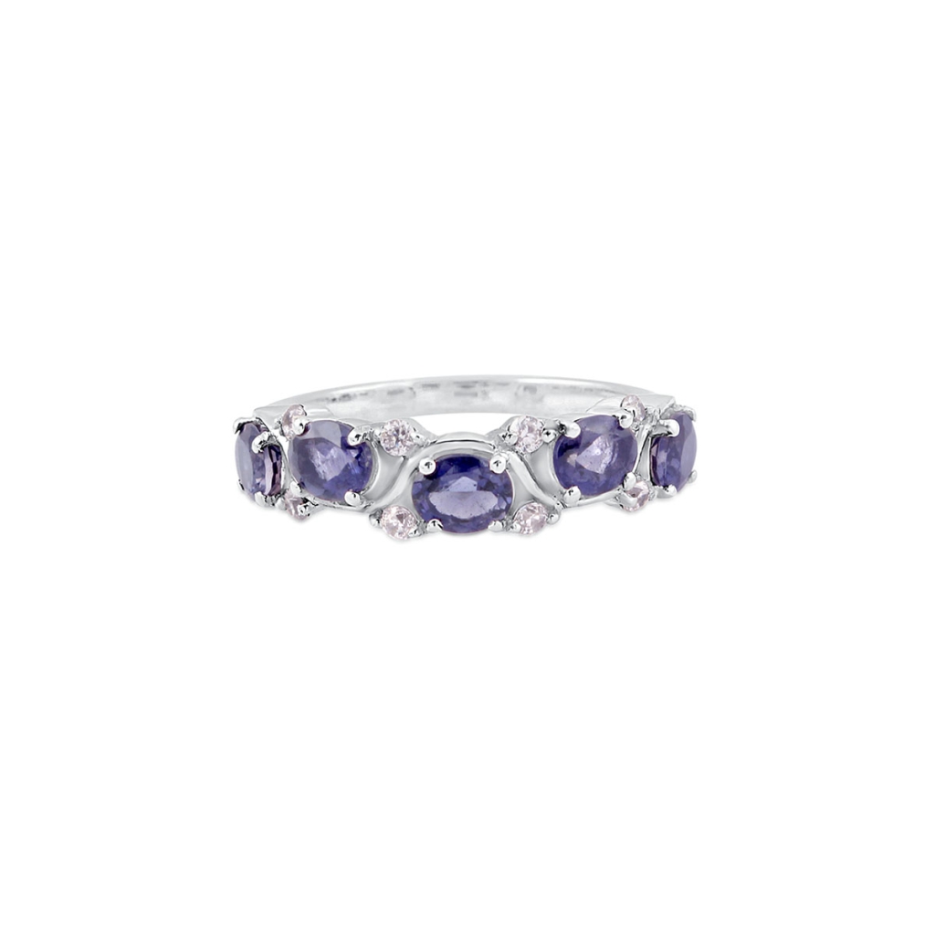 Natural Iolite & Cubic Zirconia Birthstone Sterling Silver Band Ring