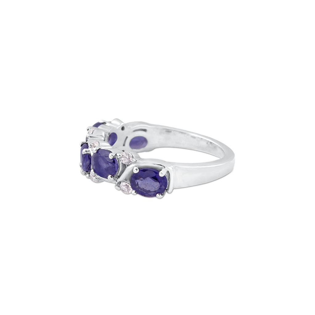 Natural Iolite & Cubic Zirconia Birthstone Sterling Silver Band Ring