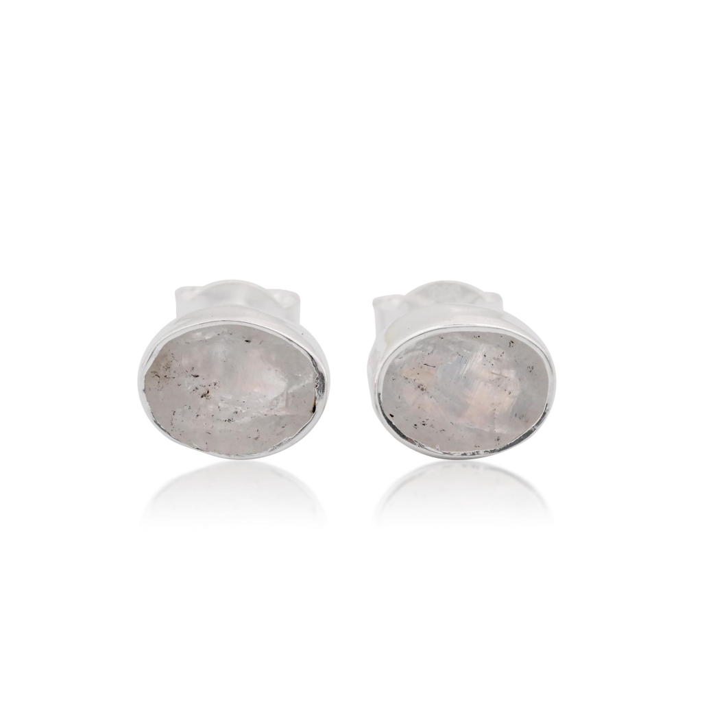 Natural Rainbow Moonstone Birthstone Sterling Silver Round Studs Earrings