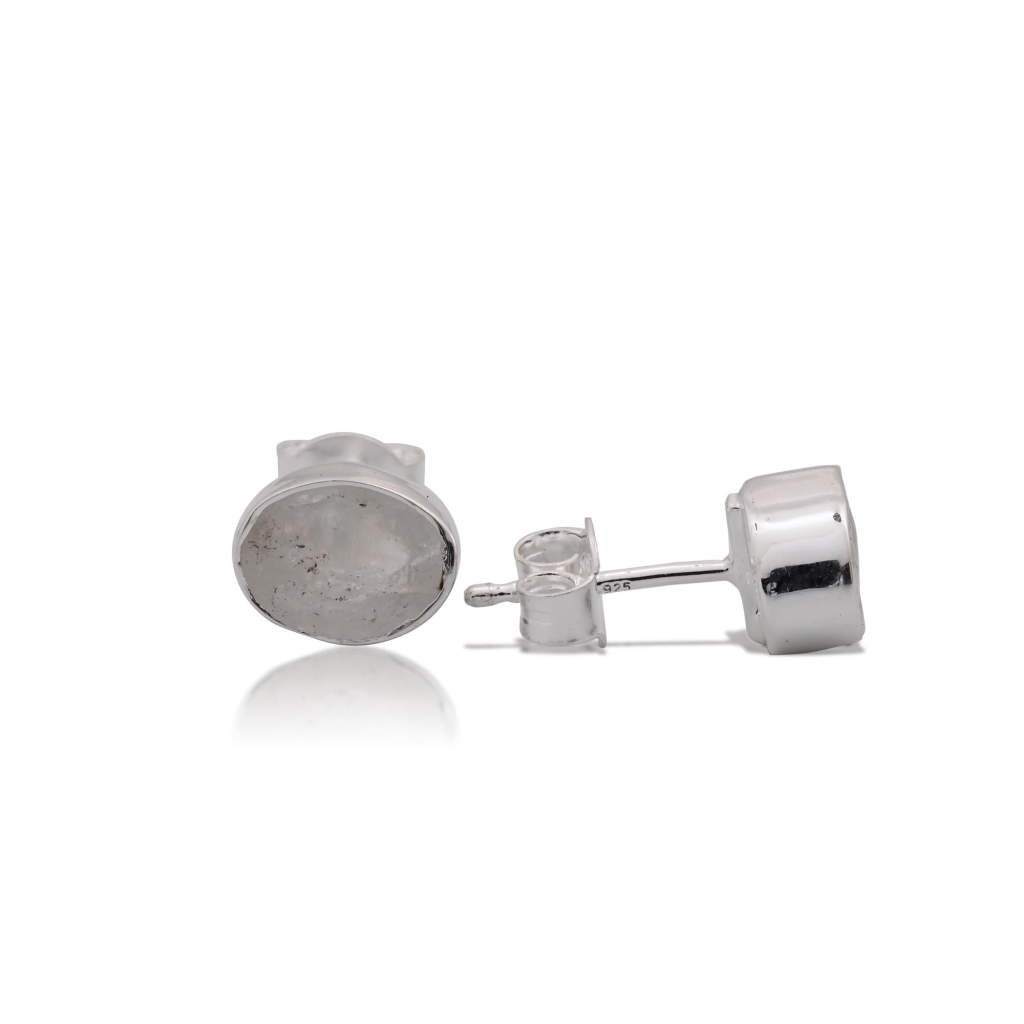 Natural Rainbow Moonstone Birthstone Sterling Silver Round Studs Earrings