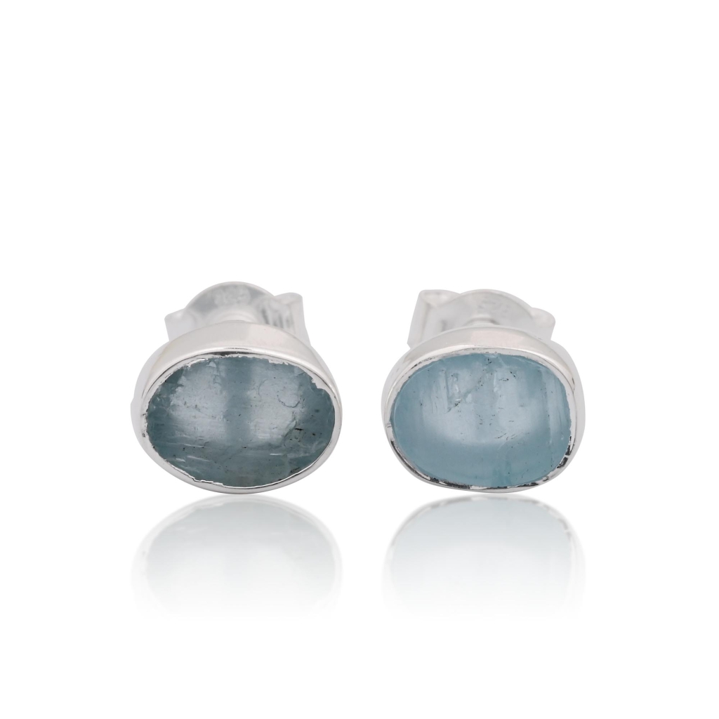 Natural Aquamarine Birthstone Sterling Silver Oval Studs Earrings