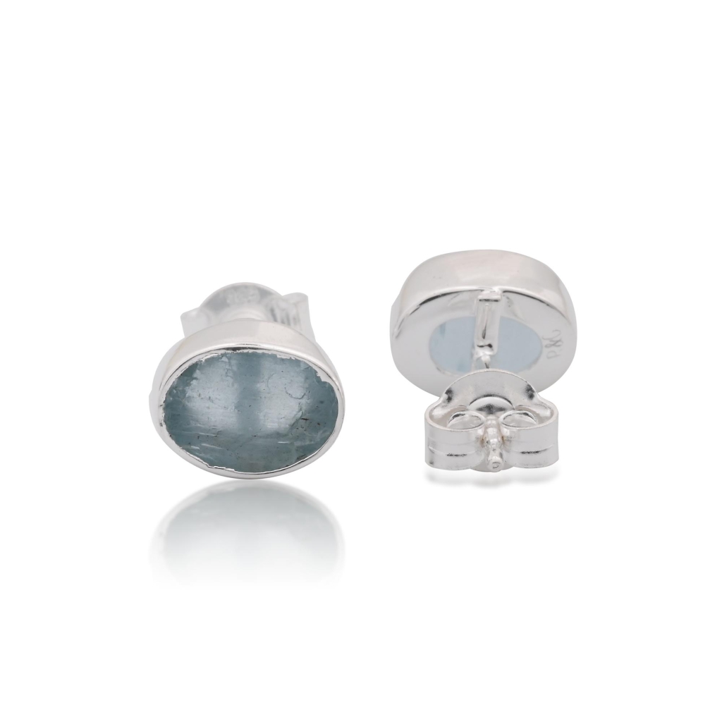 Natural Aquamarine Birthstone Sterling Silver Oval Studs Earrings