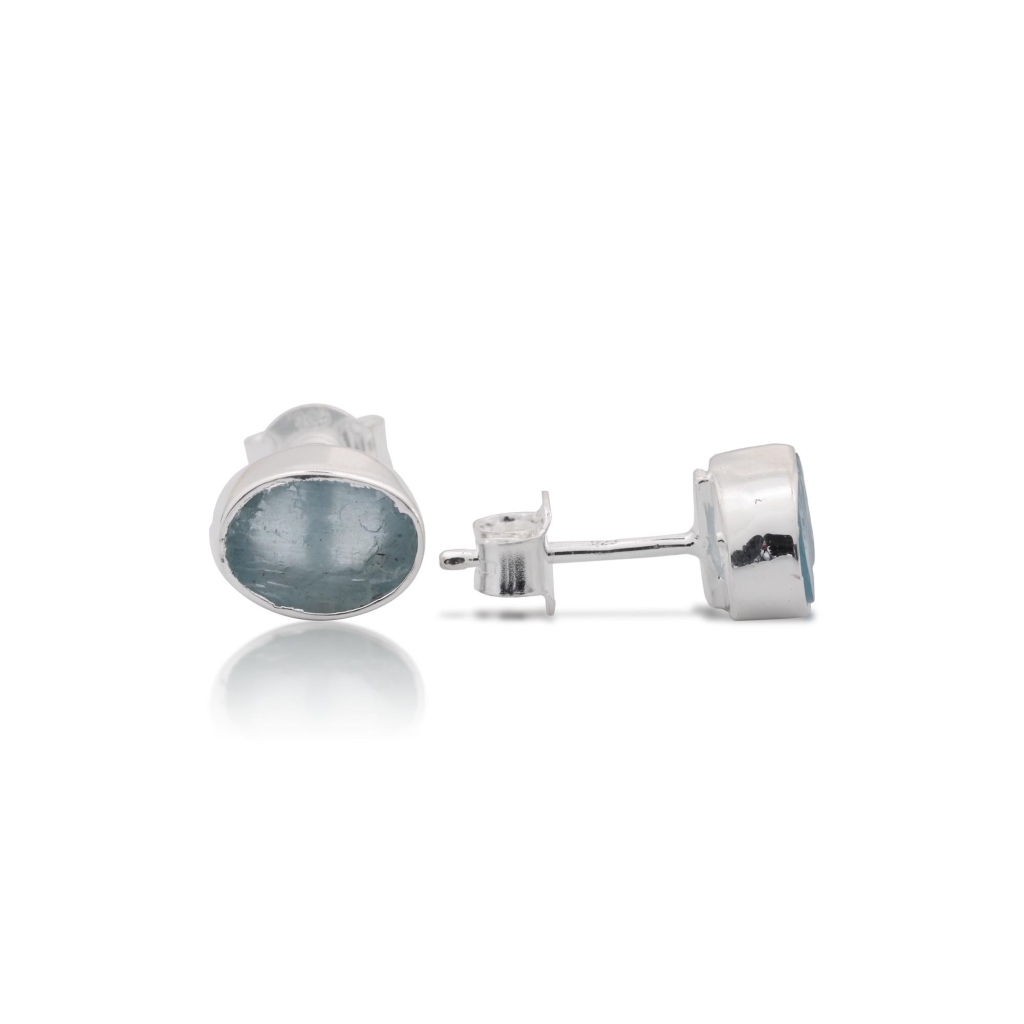 Natural Aquamarine Birthstone Sterling Silver Oval Studs Earrings