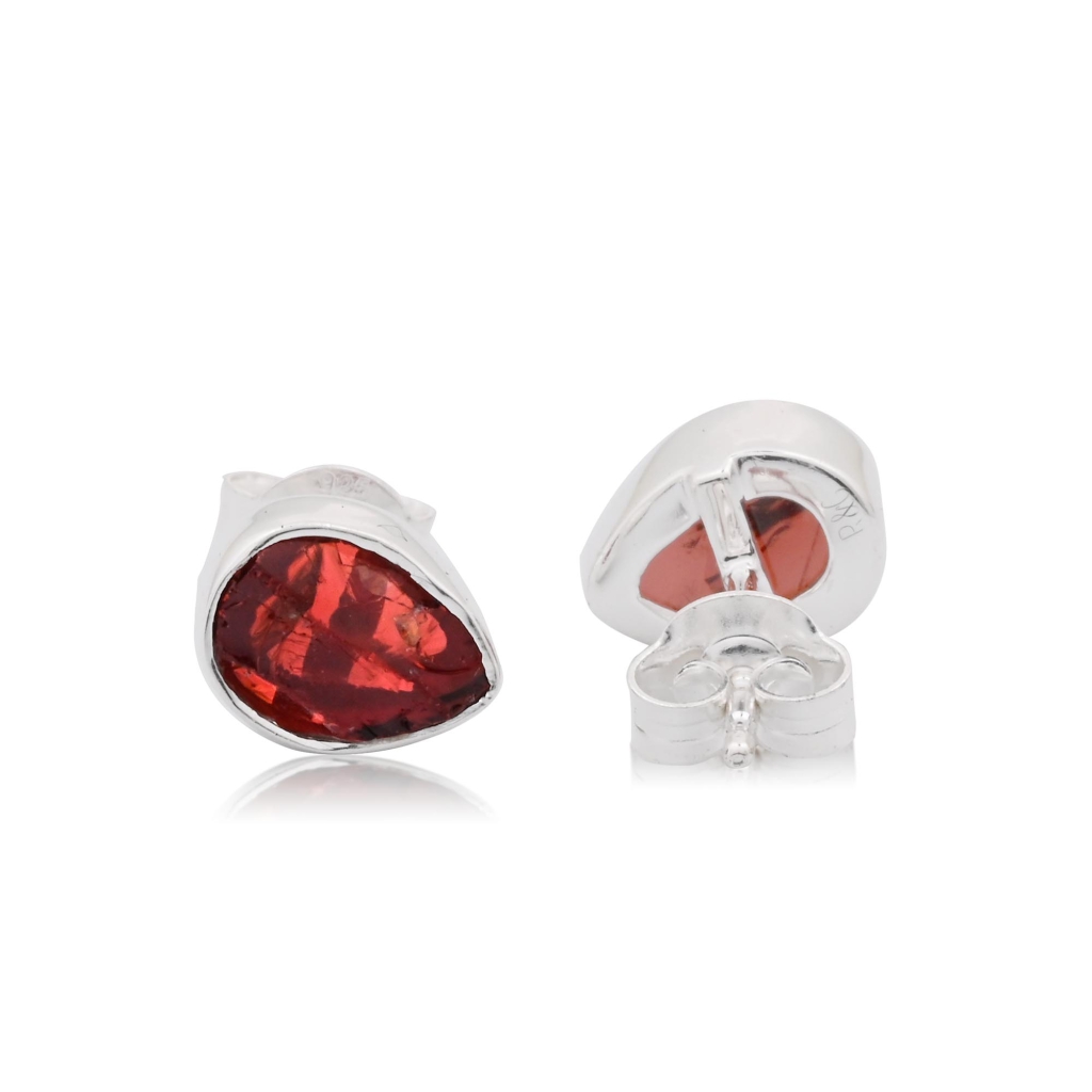 Red Garnet Birthstone Sterling Silver Pear Studs Earrings