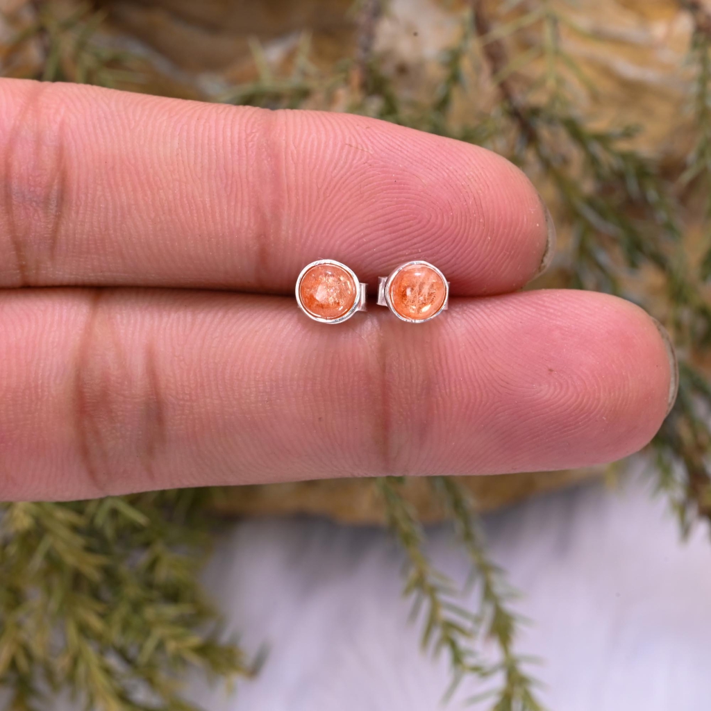 Natural SunStone Birthstone Sterling Silver Round Studs Earrings