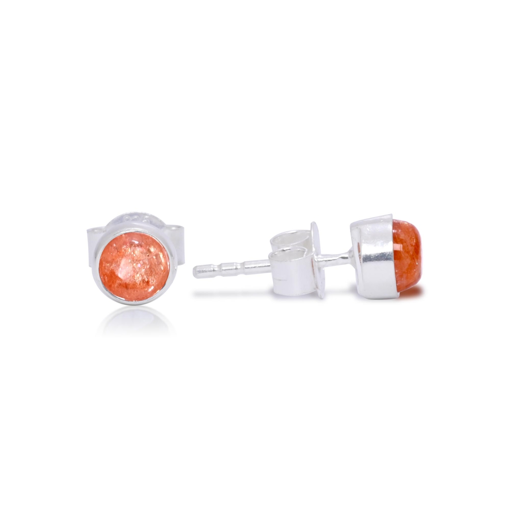 Natural SunStone Birthstone Sterling Silver Round Studs Earrings