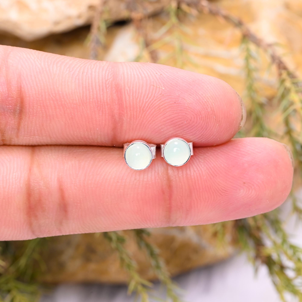 Natural Aquamarine Cabochon Sterling Silver Round Studs Earrings