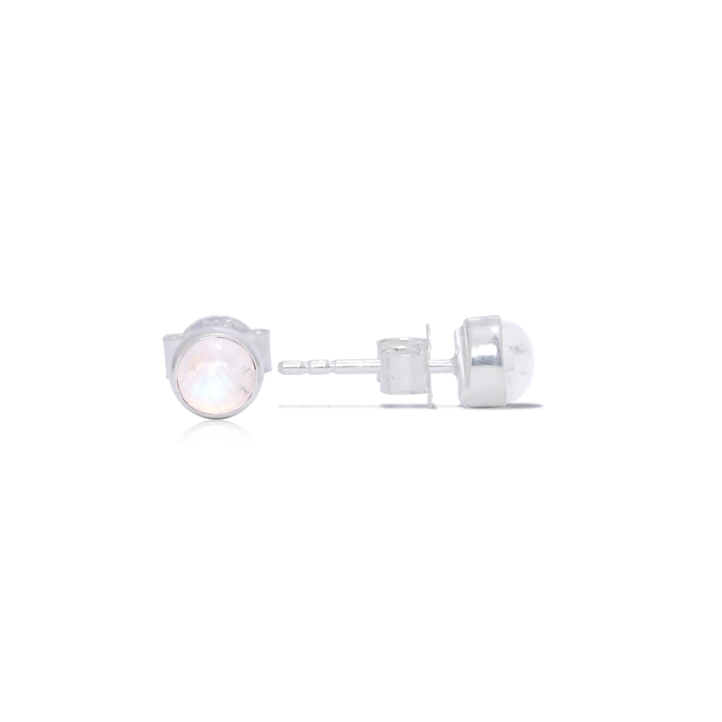 Rainbow Moonstone Cabochon Sterling Silver Round Studs Earrings