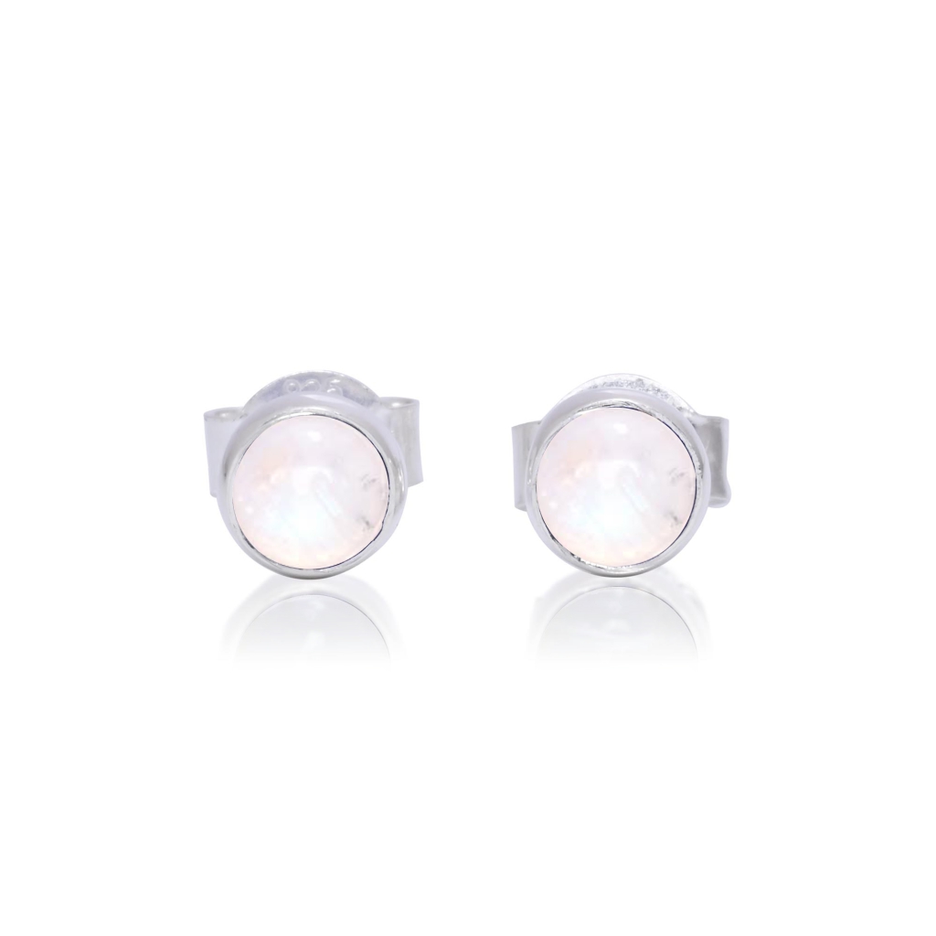 Rainbow Moonstone Cabochon Sterling Silver Round Studs Earrings