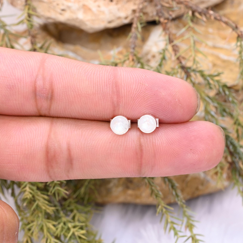 Rainbow Moonstone Cabochon Sterling Silver Round Studs Earrings