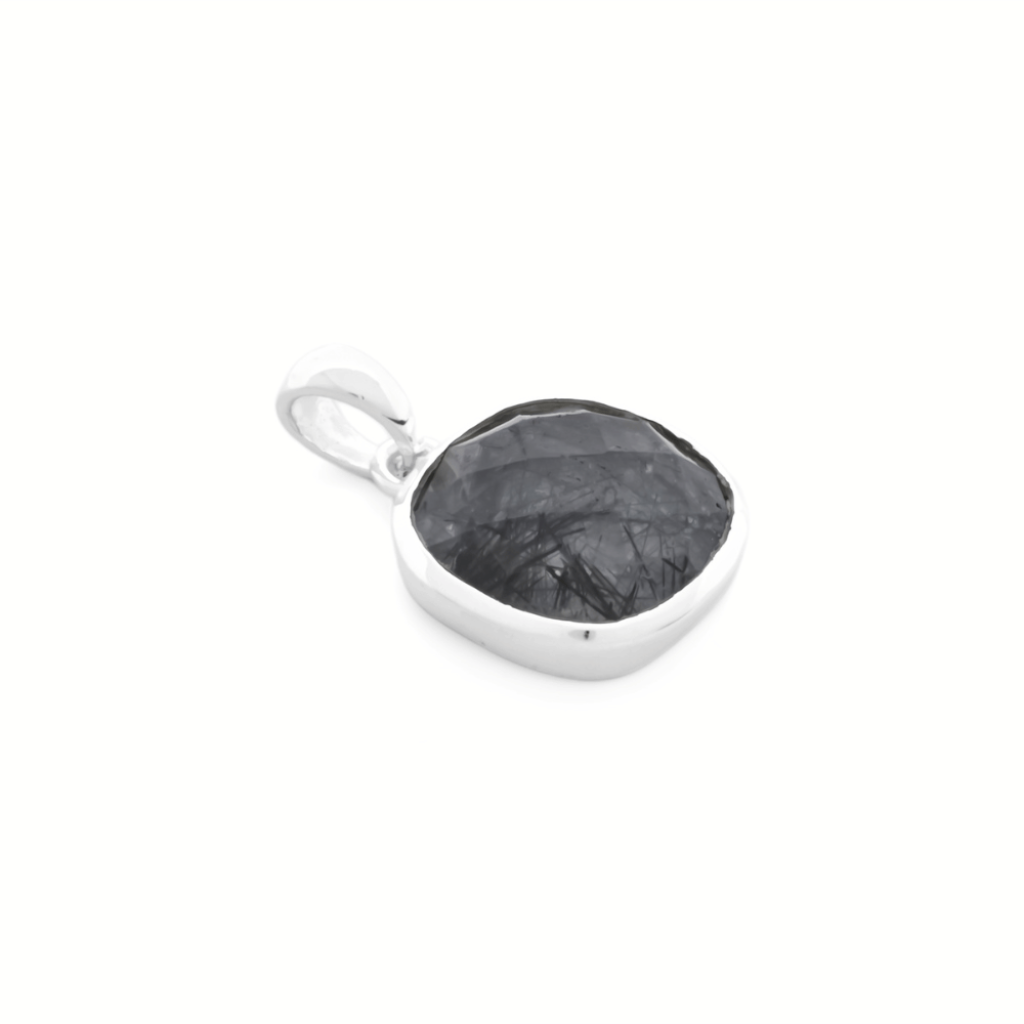 Natural Black Rutile Quartz April Birthstone Sterling Silver Pendant