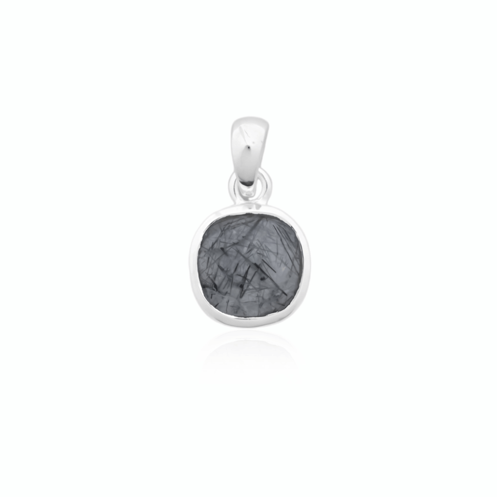 Natural Black Rutile Quartz April Birthstone Sterling Silver Pendant