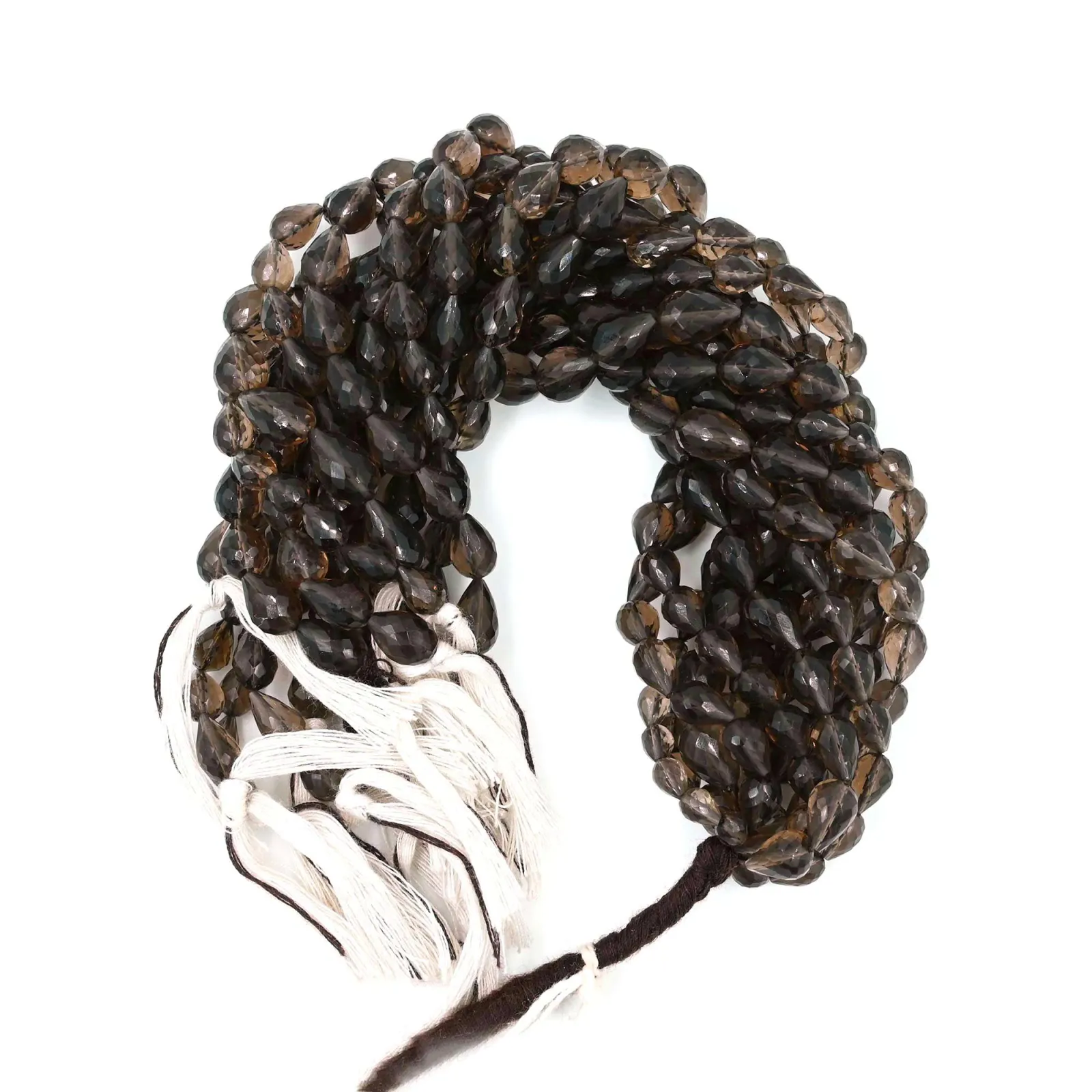 create image alt text Smoky Quartz Briolette Drop Faceted Gemstone Beads, Natural Brown Quartz Beads for Jewellery Making, 6x4–12x7 mm, 8 Inch Strand