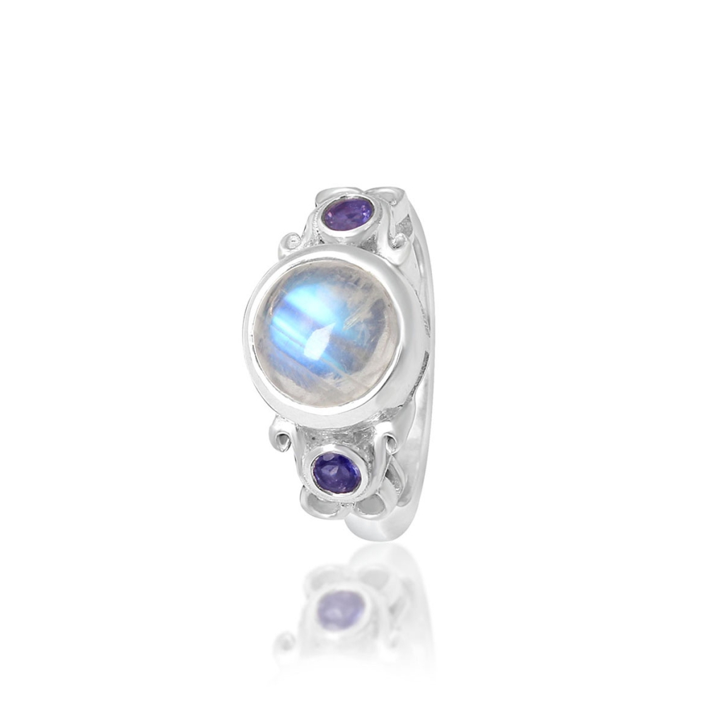 Natural Rainbow Moonstone Multi Birthstone Sterling Silver Ring