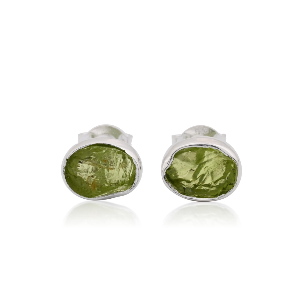 Natural Peridot Birthstone Sterling Silver Oval Studs Earrings