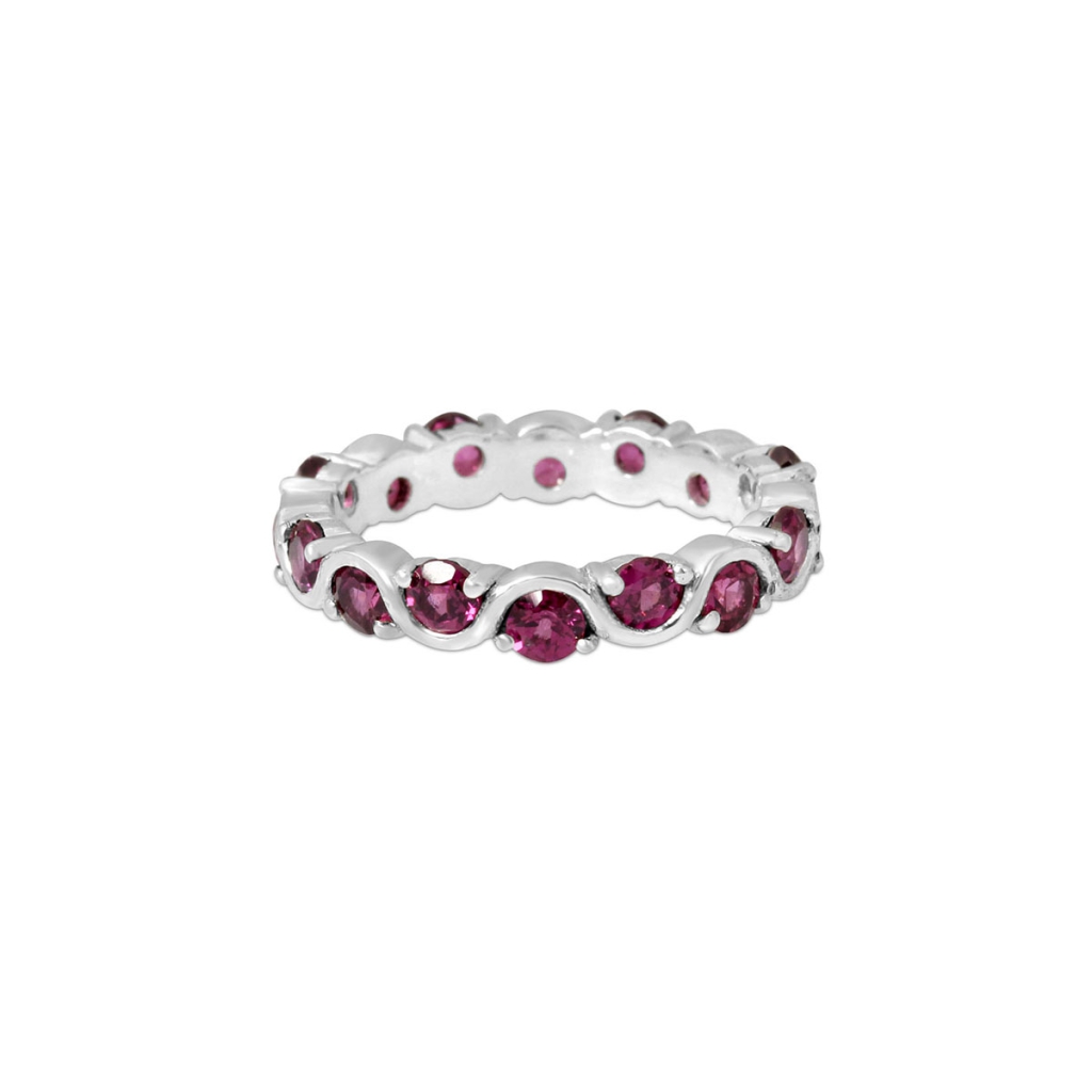 Natural Rhodolite Birthstone Eternity Sterling Silver Band Ring