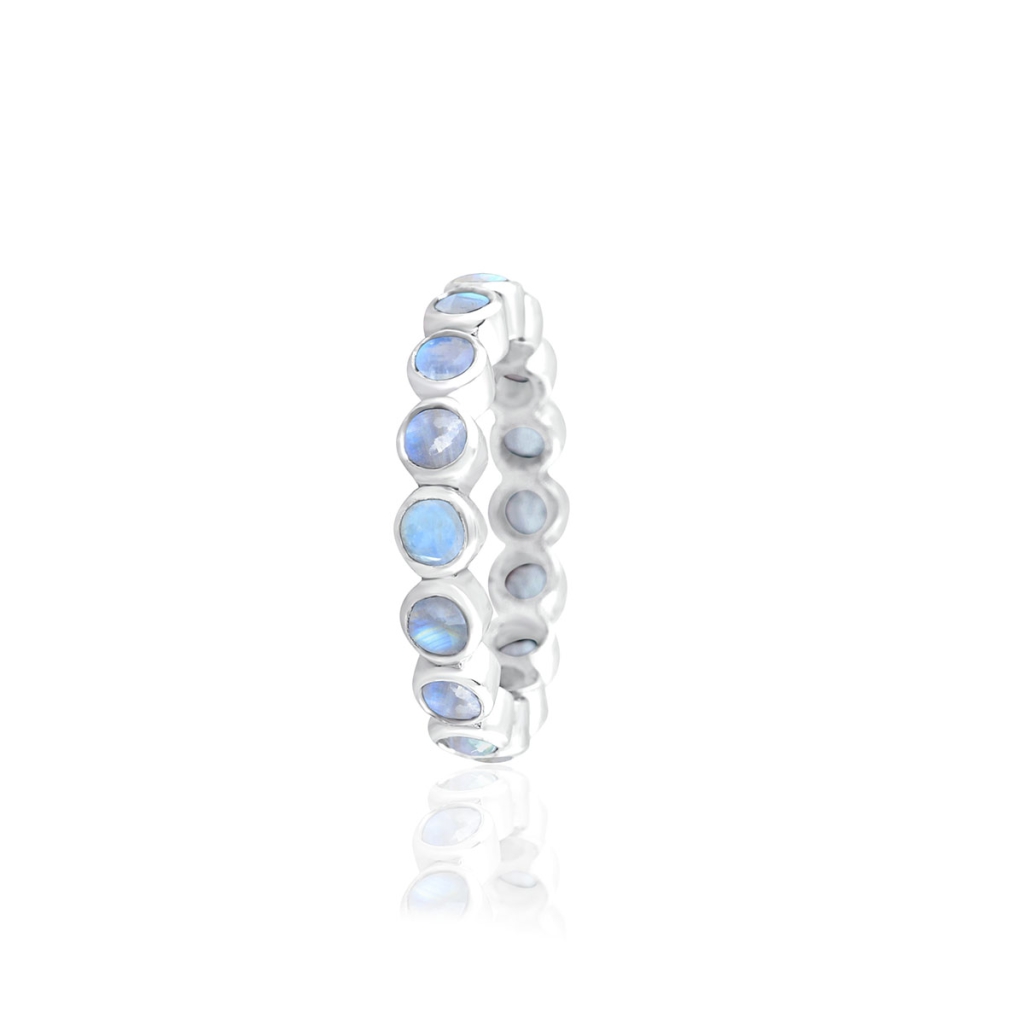 Natural Rainbow Moonstone Eternity Sterling Silver Band Ring