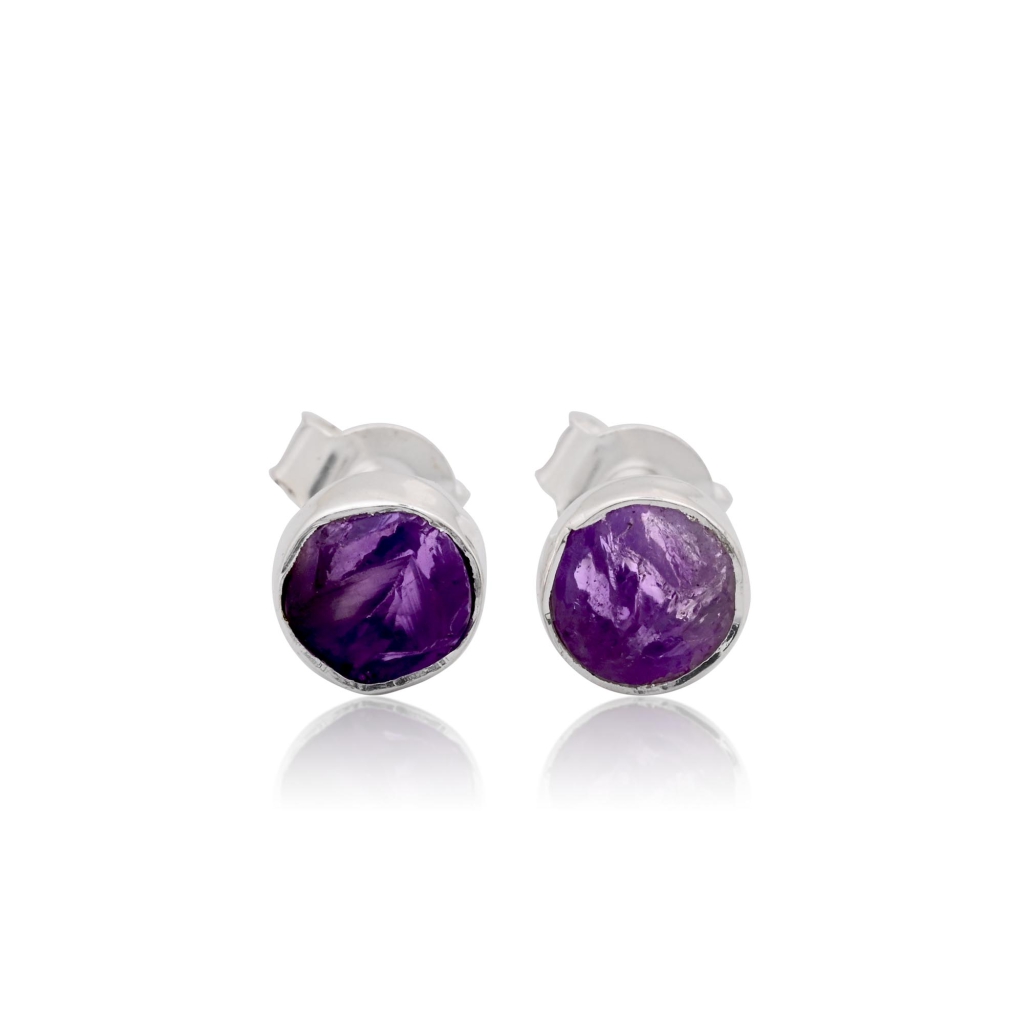 Natural Amethsyt Birthstone Sterling Silver Round Studs Earrings