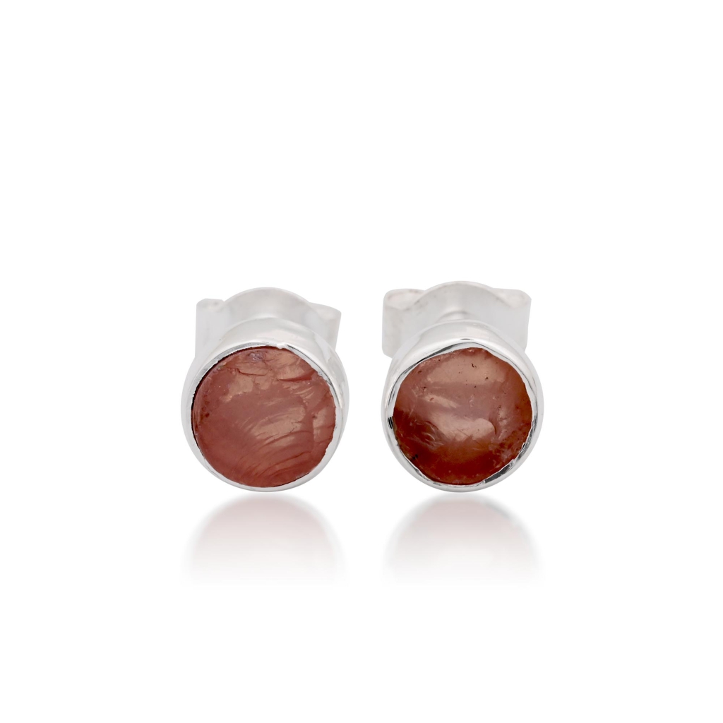 Natural Rose Quartz  Birthstone Sterling Silver Round Studs Earrings