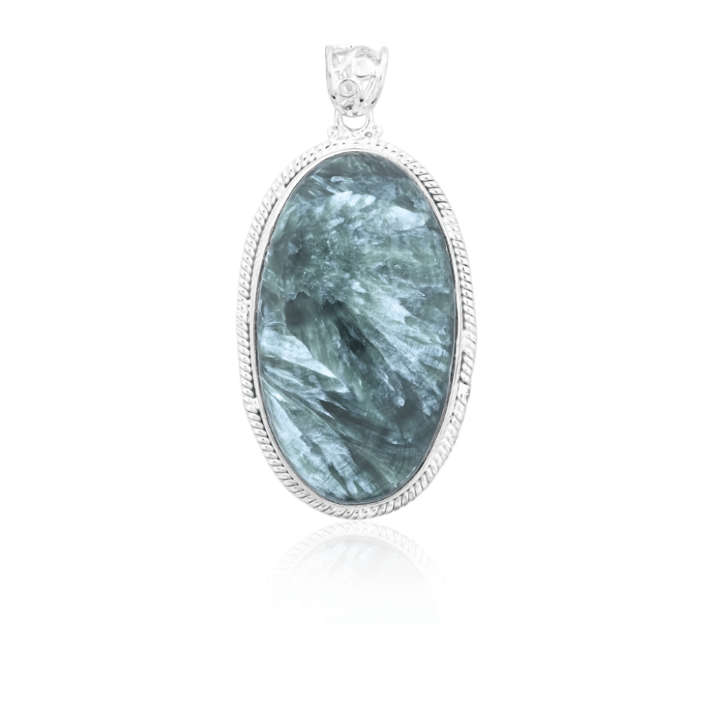 Natural Green Seraphinite Cabochon Sterling Silver Women Pendant