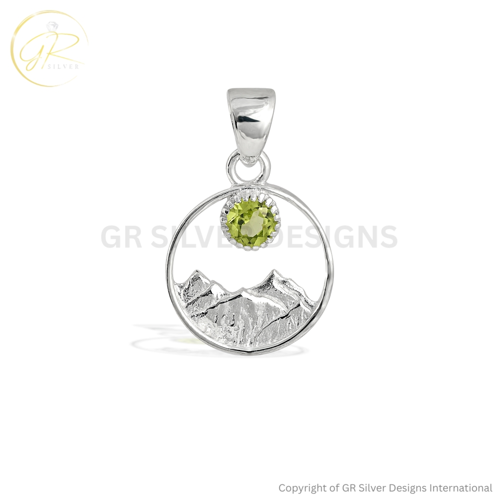 Peridot Birthstone Silver Mountain Pendant Necklace