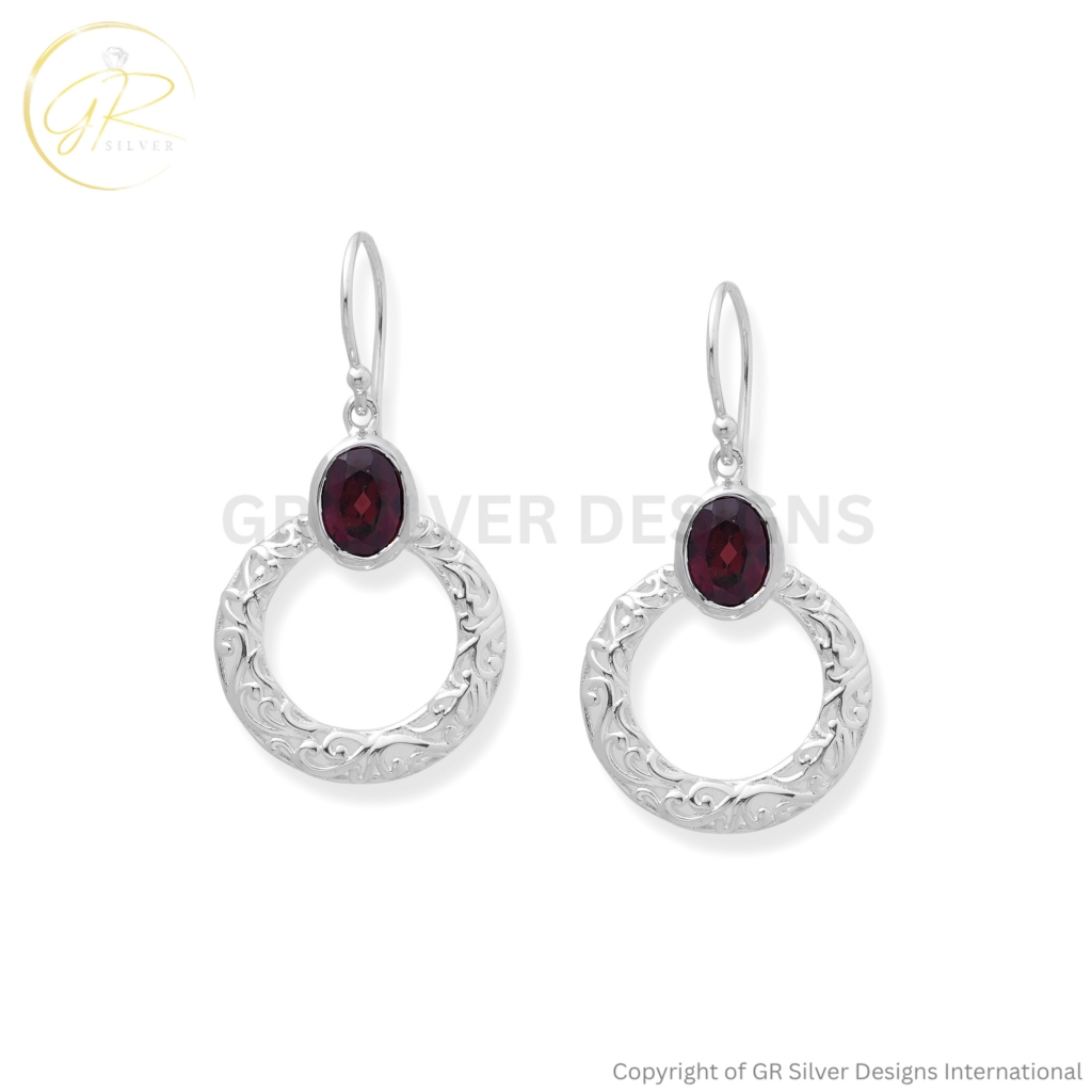 Natural Garnet Oval January Birthstone Dangle Earrings