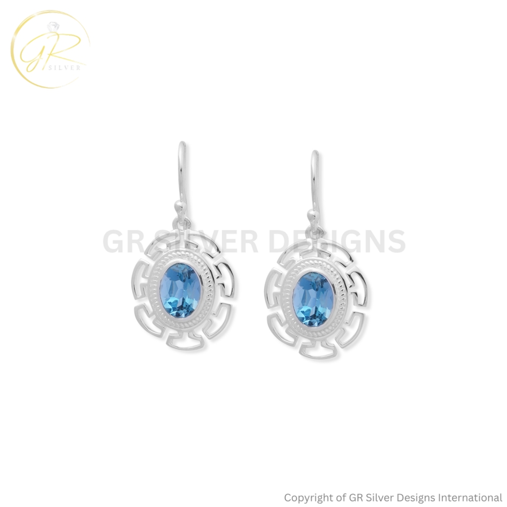 925 Sterling Silver Blue Topaz Oval Geometric Drop Earrings