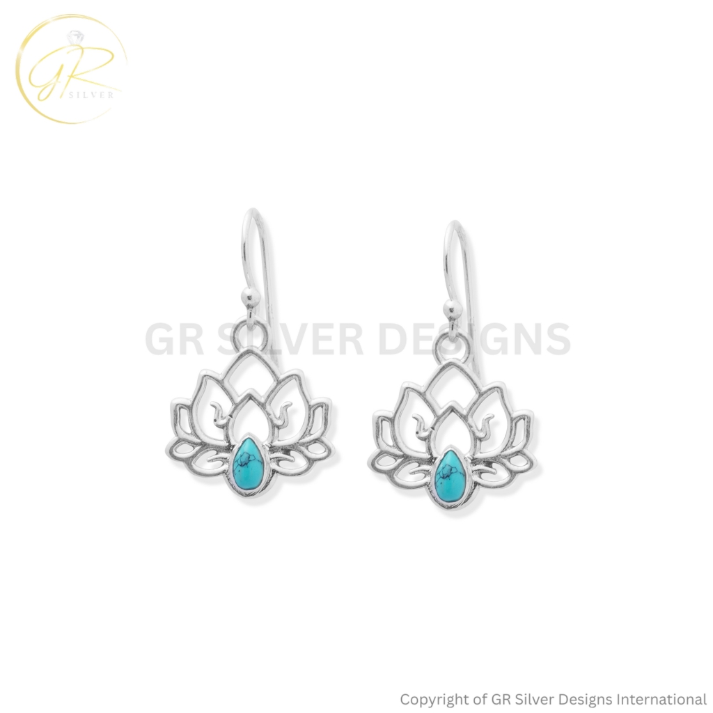 Natural Turquoise Lotus 925 Sterling Silver Earrings for Women