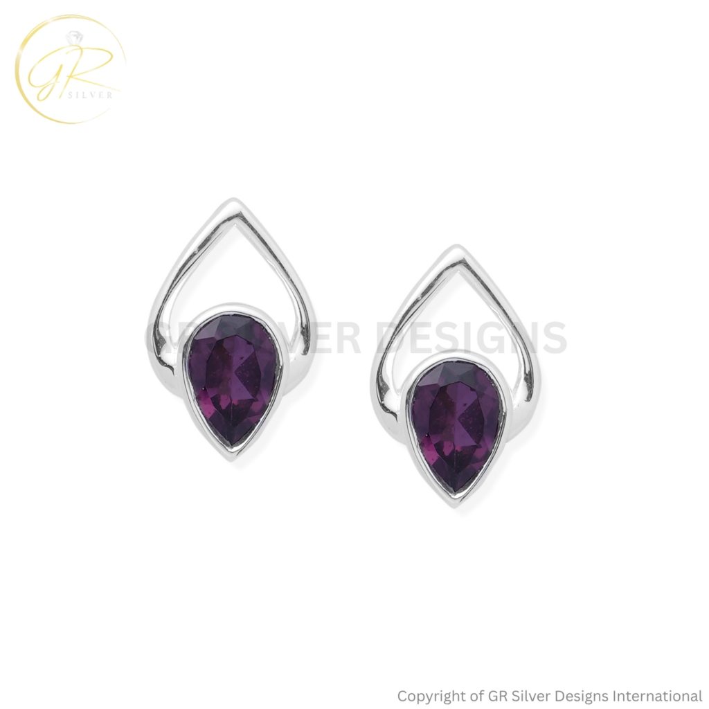 Minimalist Rhodolite Sterling Silver Pear Stud Earrings For Girls