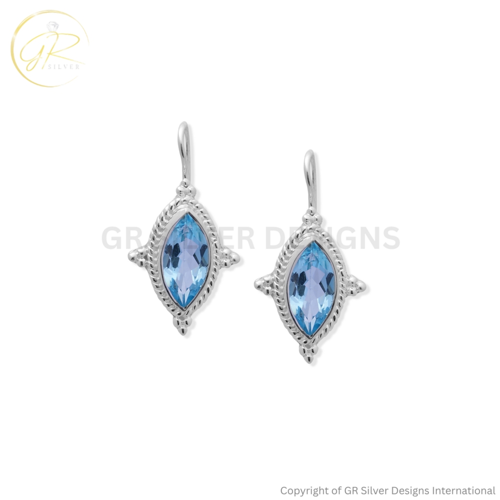 925 Sterling Silver Blue Topaz Marquise Cut Earrings | December Birthstone for Women