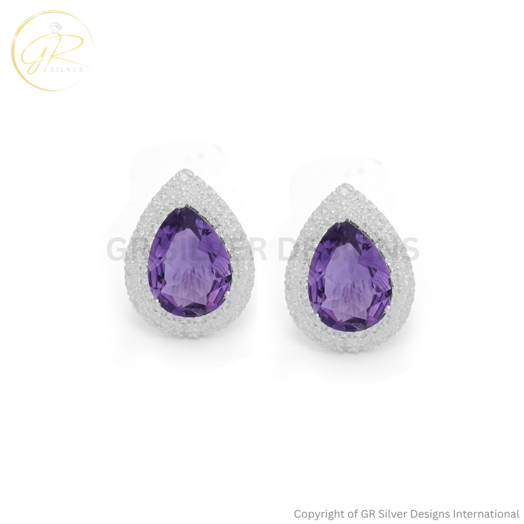 Natural Amethyst 13x18mm Pear 925 Sterling Silver Stud Earrings For Bridal