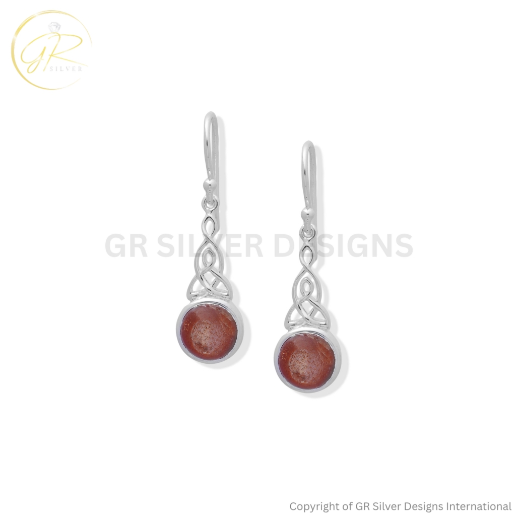 925 Sterling Silver Sunstone Celtic Knot Dangle Earrings for Women