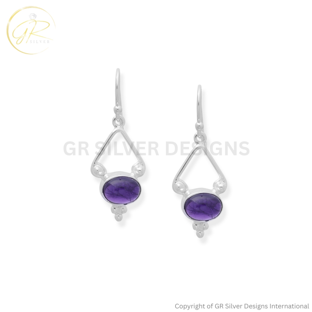 Natural Amethyst Oval Cabochon 925 Silver Earrings for Women