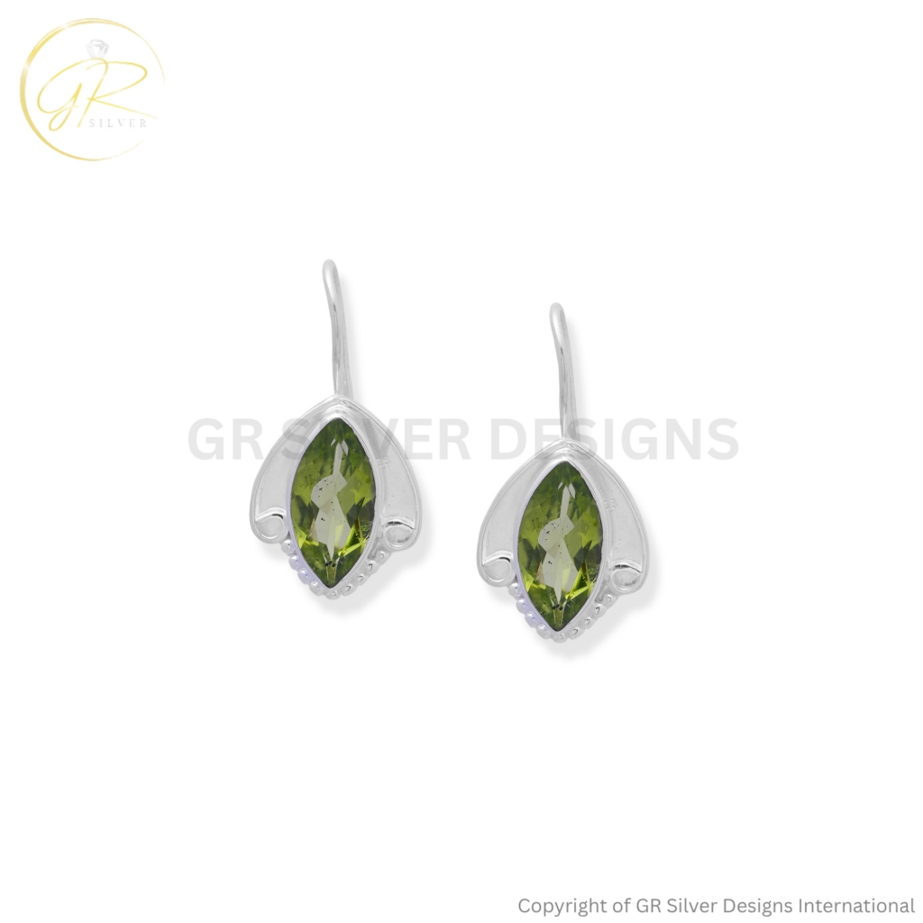 Marquise Cut Natural Peridot Silver Dangle Earrings