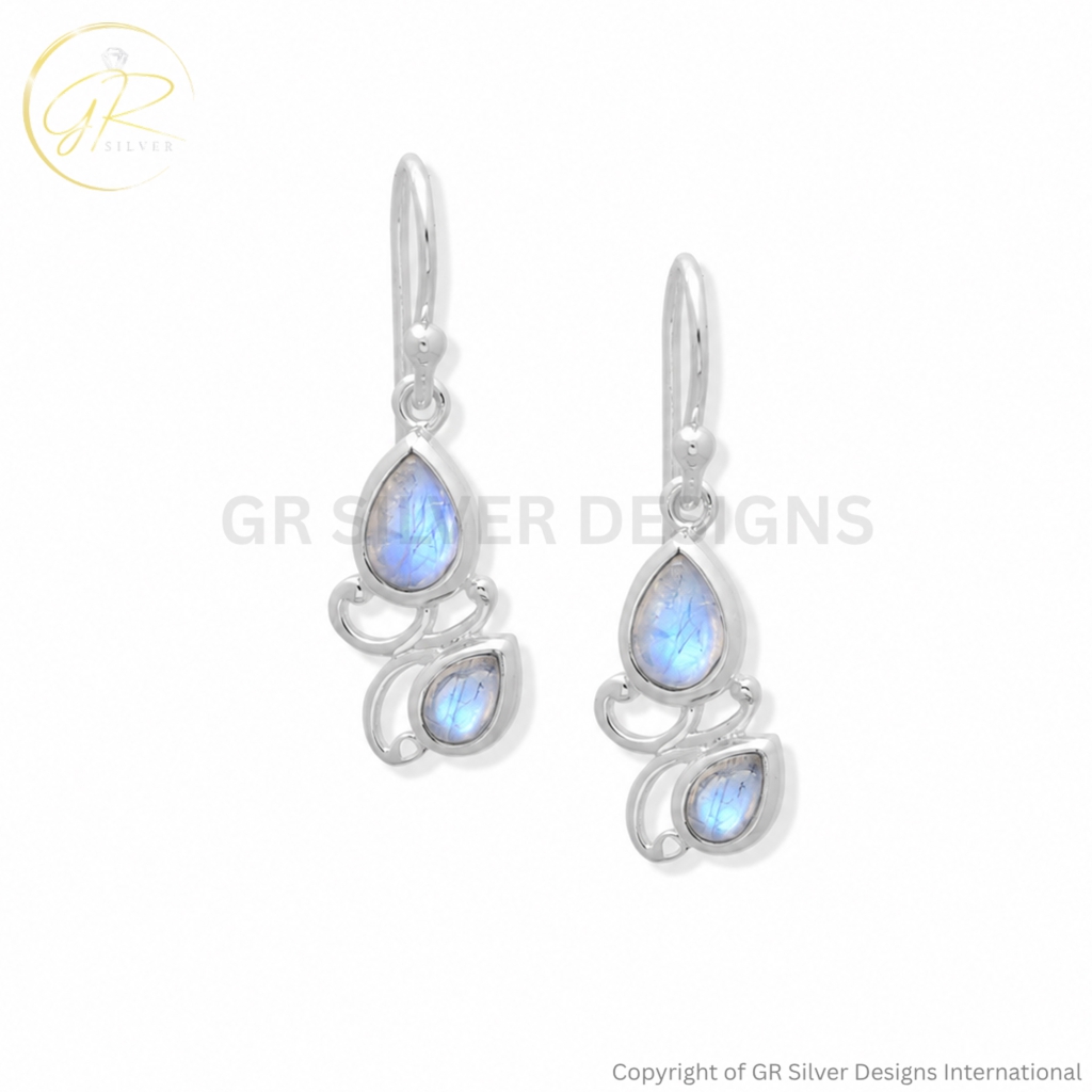 925 Sterling Silver Rainbow Moonstone Designer Dangle Earrings