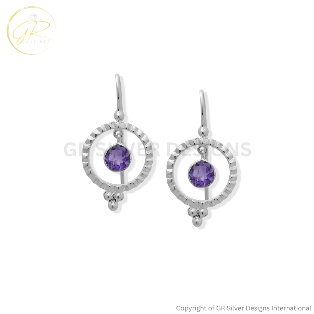925 Sterling Silver Amethyst Round Cut Dangle Earrings For Wedding Gift