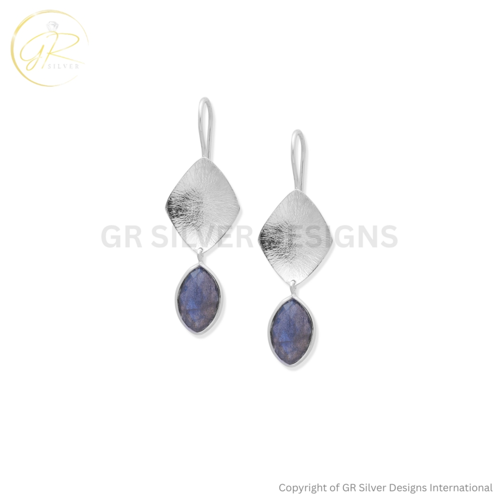 Labradorite 8x12mm Marquise Gemstone Sterling Silver Dangle Earrings | GR Silver Designs