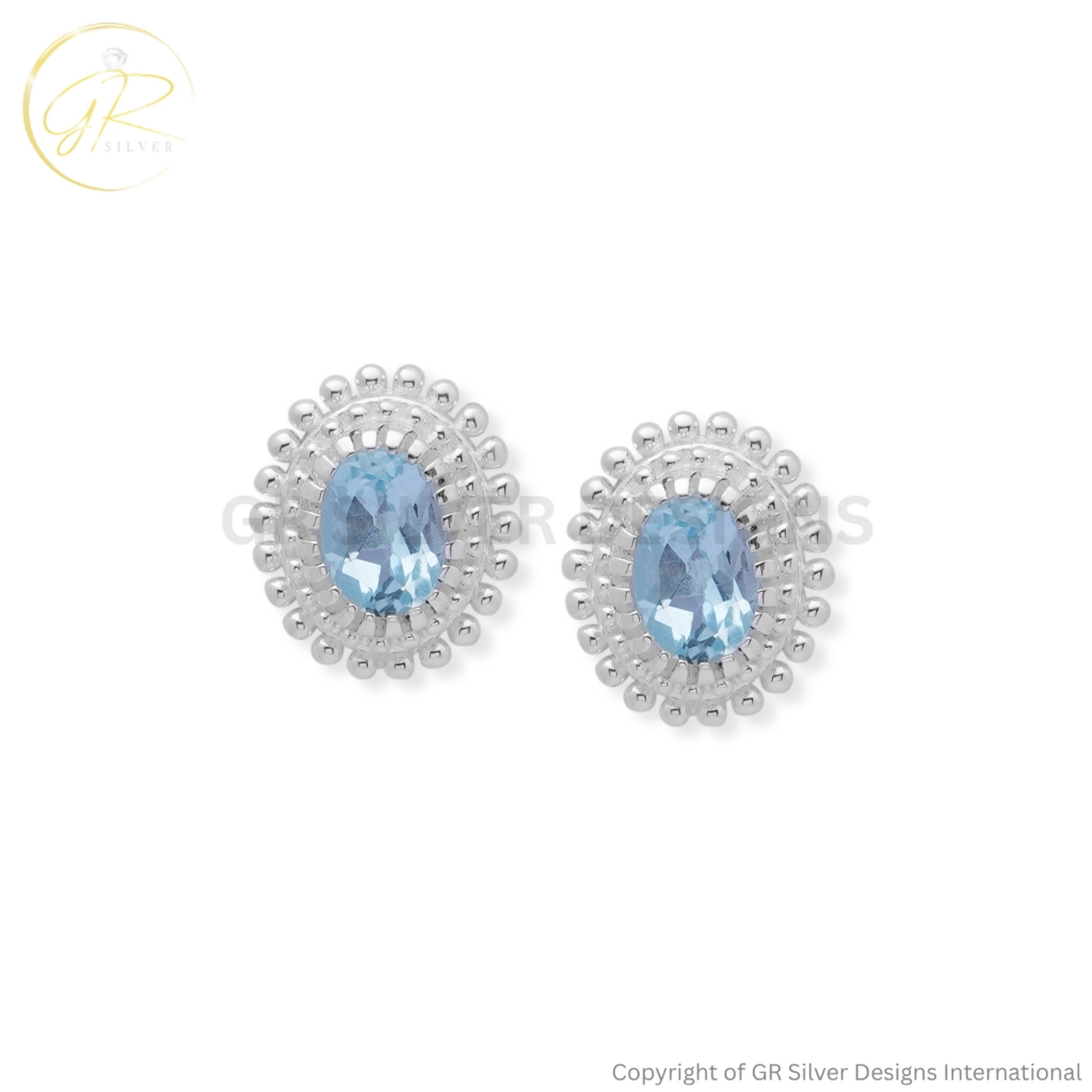 925 Sterling Silver Blue Topaz Oval Cut Stud Earrings | December Birthstone Jewelry