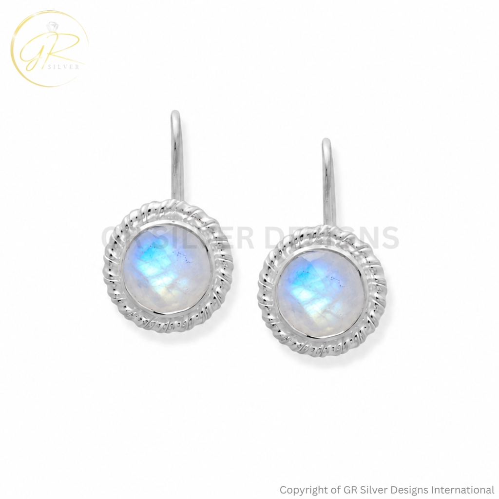 Elegant Rainbow Moonstone Round Dangle Sterling Silver Earrings
