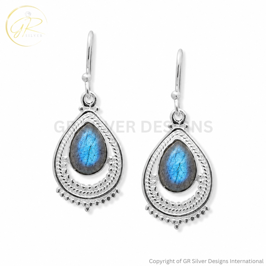 Labradorite Pear Sterling Silver Dangle Earrings For Women