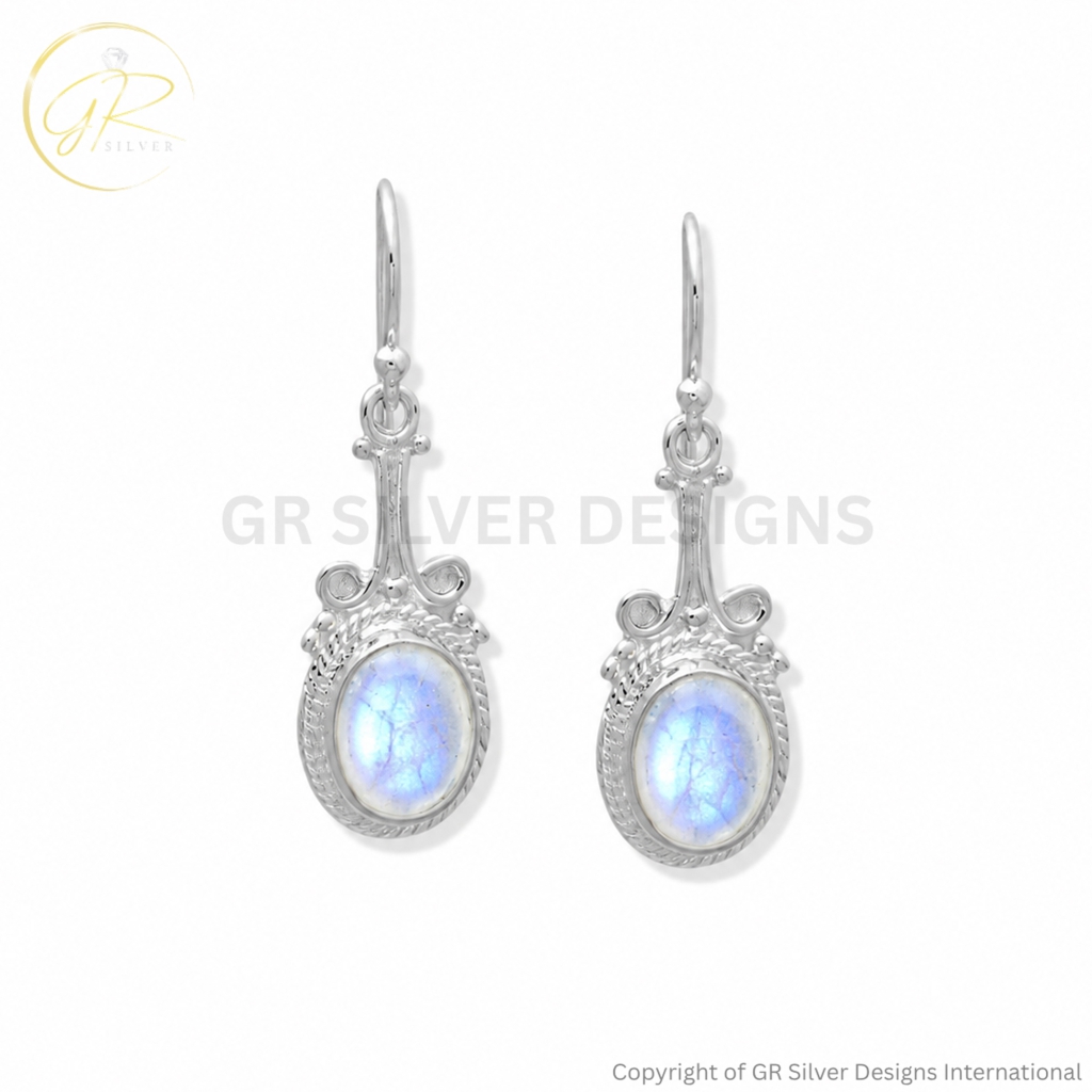 Handmade Rainbow Moonstone Dangle Silver Earrings For Wedding