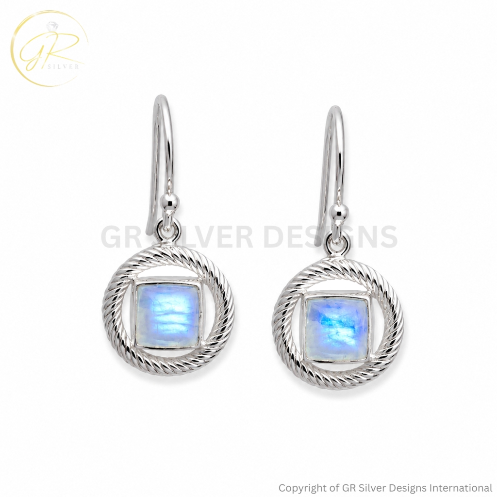 Rainbow Moonstone Dangle Sterling Silver Earrings For Women