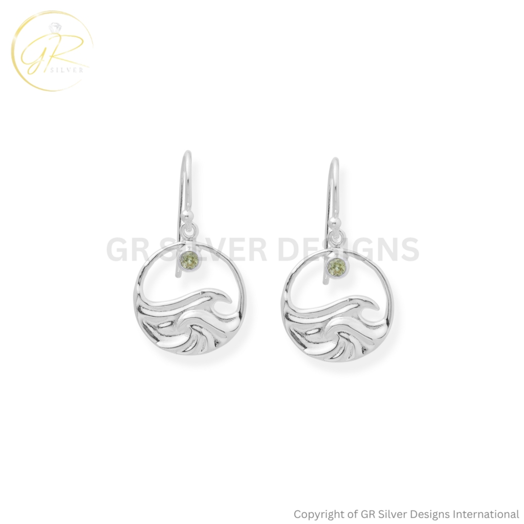 Ocean Wave Sterling Silver Peridot Dangle Earrings For Women